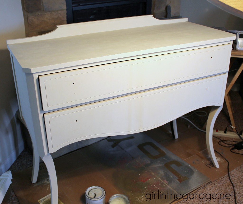 Annie Sloan Chalk Paint vanity makeover in Old Ochre with nailhead trim and a review of the Annie Sloan wax brush.  girlinthegarage.net