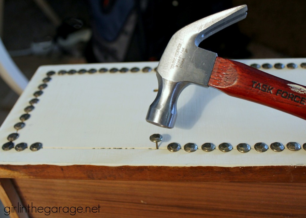 Annie Sloan Chalk Paint vanity makeover in Old Ochre with nailhead trim and a review of the Annie Sloan wax brush.  girlinthegarage.net