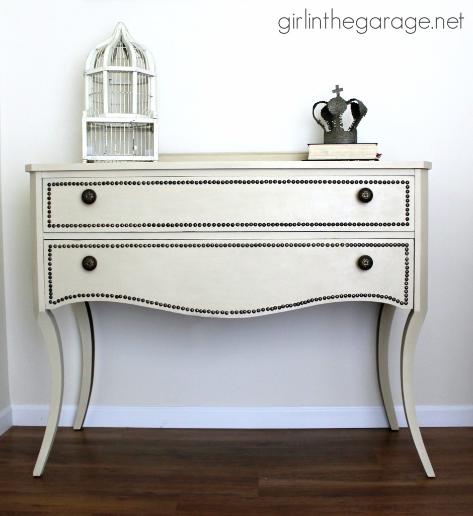 Annie Sloan Chalk Paint vanity makeover in Old Ochre with nailhead trim and a review of the Annie Sloan wax brush.  girlinthegarage.net