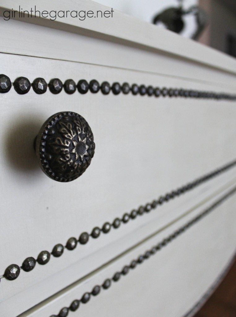 Annie Sloan Chalk Paint vanity makeover in Old Ochre with nailhead trim and a review of the Annie Sloan wax brush.  girlinthegarage.net