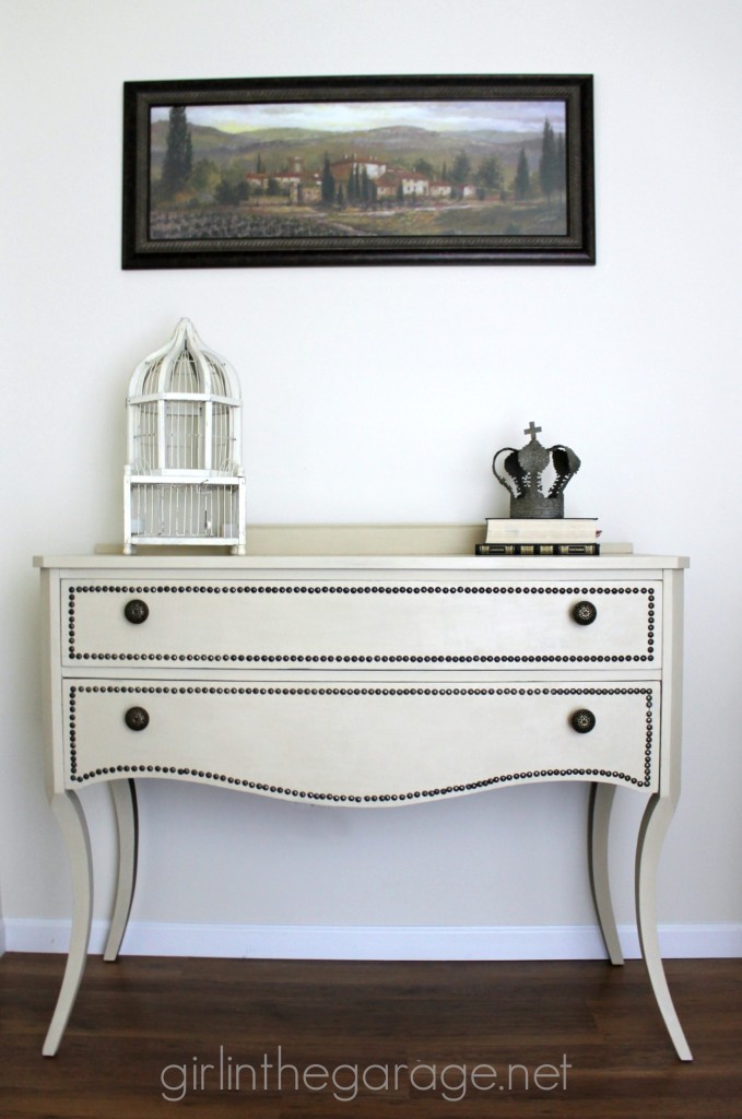 Annie Sloan Chalk Paint vanity makeover in Old Ochre with nailhead trim and a review of the Annie Sloan wax brush.  girlinthegarage.net