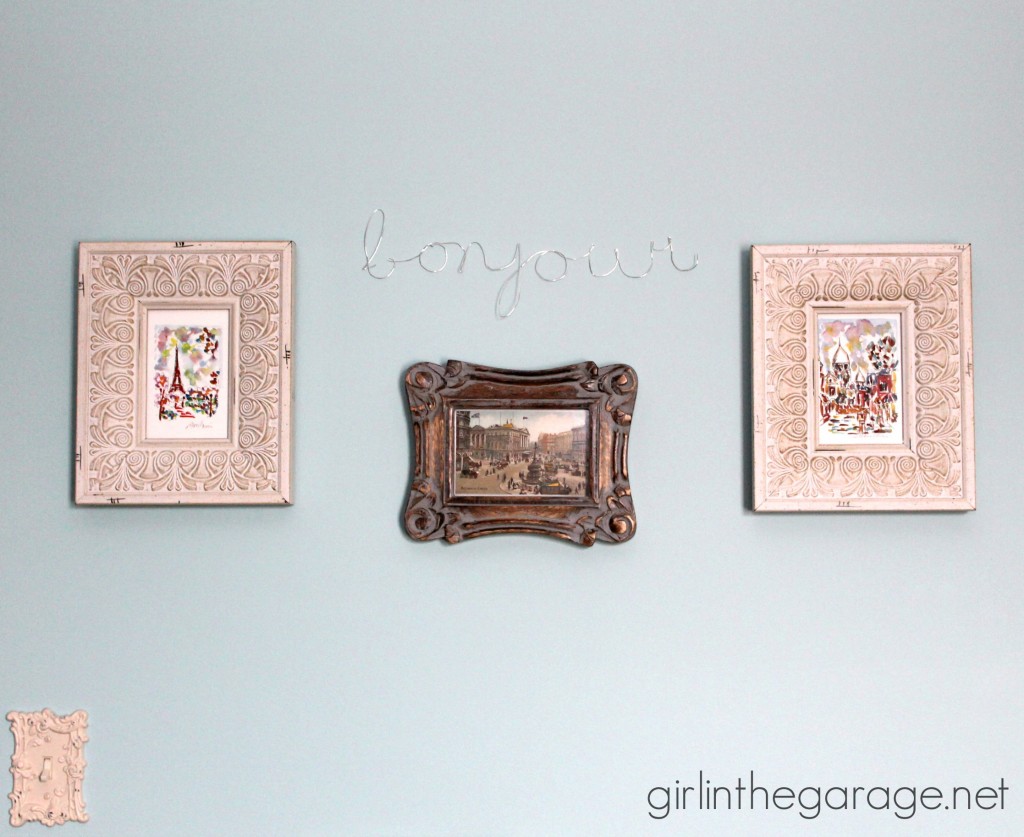 DIY Wall Art: Framed Paris Prints and Anthropologie-Inspired "Bonjour" Wire Script.  girlinthegarage.net