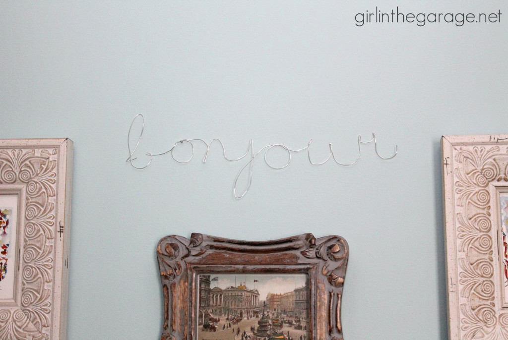 DIY Wall Art: Framed Paris Prints and Anthropologie-Inspired "Bonjour" Wire Script.  girlinthegarage.net