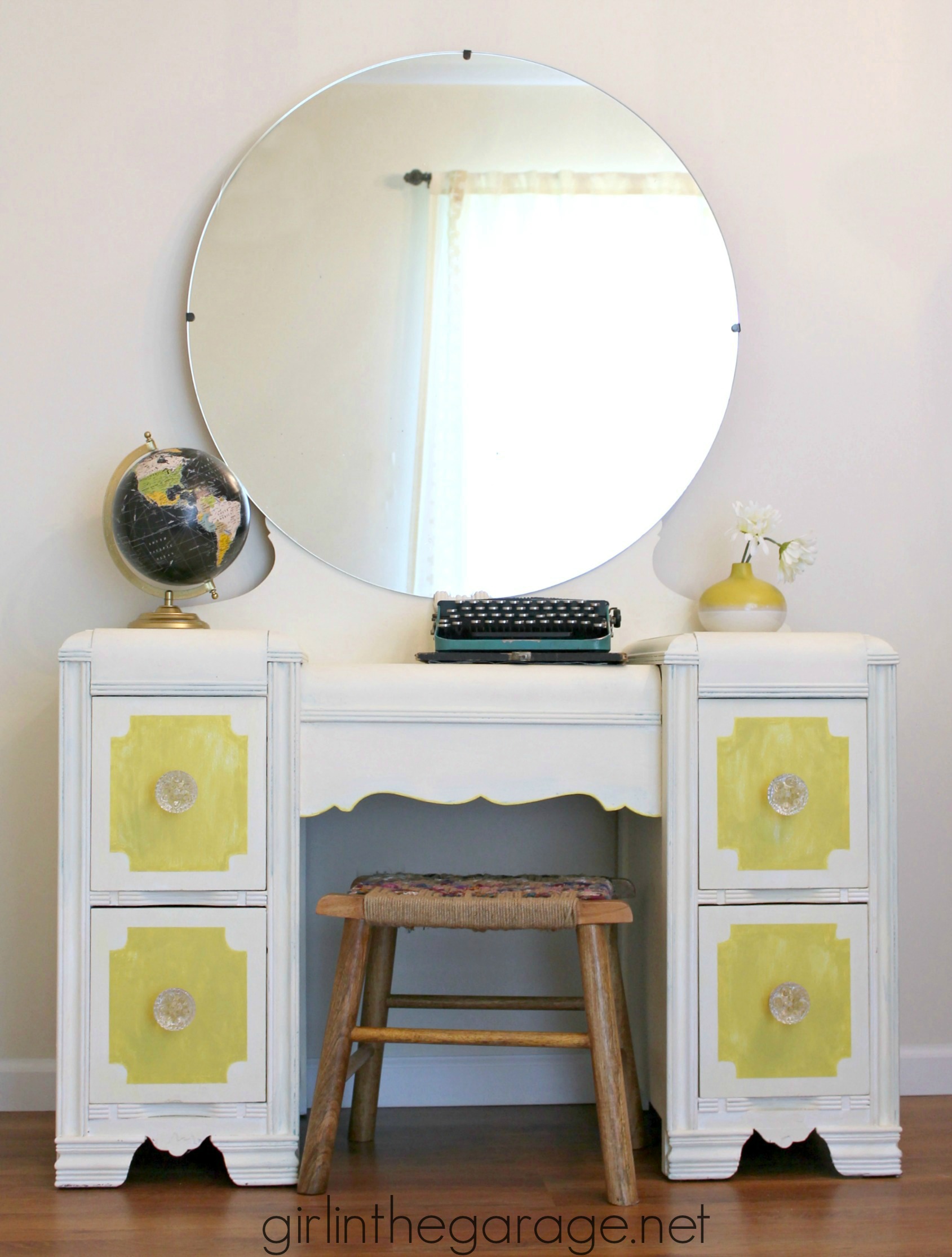 Bright white and yellow waterfall vanity makeover with Annie Sloan Chalk Paint and stenciled peekaboo drawers. Painted furniture ideas by Girl in the Garage