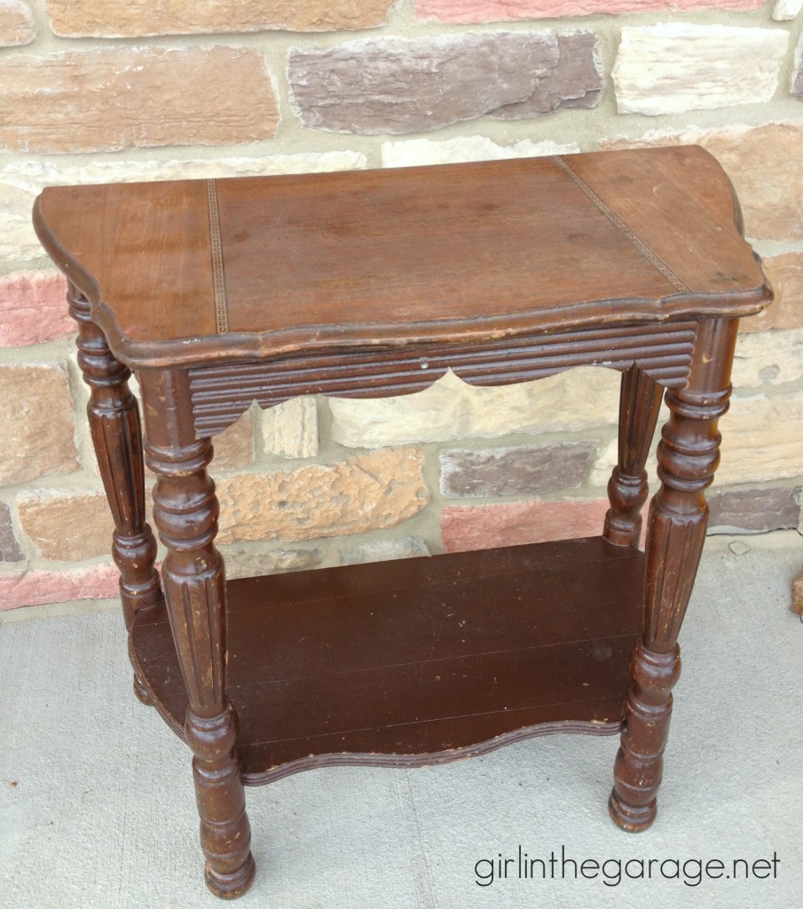 BEFORE: Vintage demilune table makeover with Annie Sloan Chalk Paint in Aubusson Blue.  girlinthegarage.net