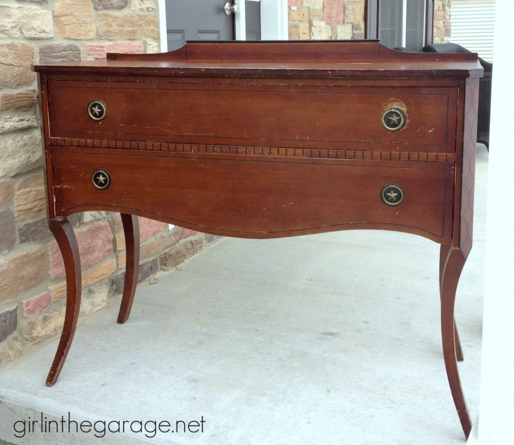 Annie Sloan Chalk Paint vanity makeover in Old Ochre with nailhead trim and a review of the Annie Sloan wax brush.  girlinthegarage.net