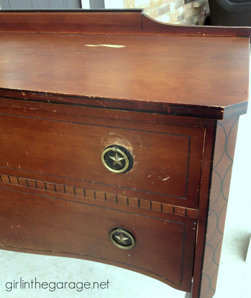 Annie Sloan Chalk Paint vanity makeover in Old Ochre with nailhead trim and a review of the Annie Sloan wax brush.  girlinthegarage.net