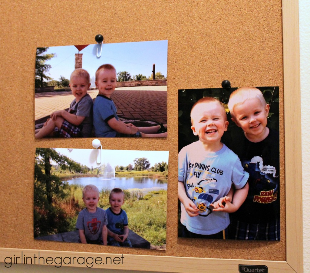 How to hang a photo on a cork board without poking a hole through it!  girlinthegarage.net