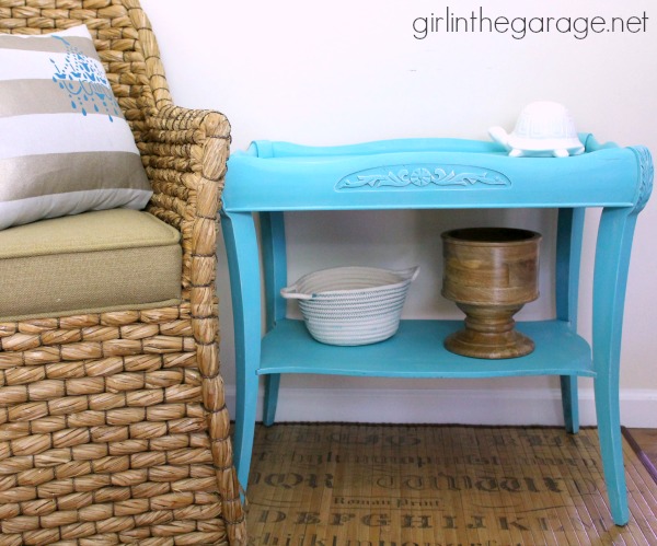 Turquoise French Script Table Makeover - girlinthegarage.net