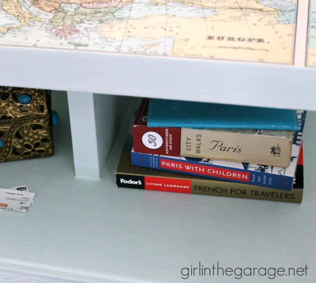 Decoupaged Map Table: Chalk Paint, Mod Podge, and maps.  "Travel" themed furniture makeover day - girlinthegarage.net