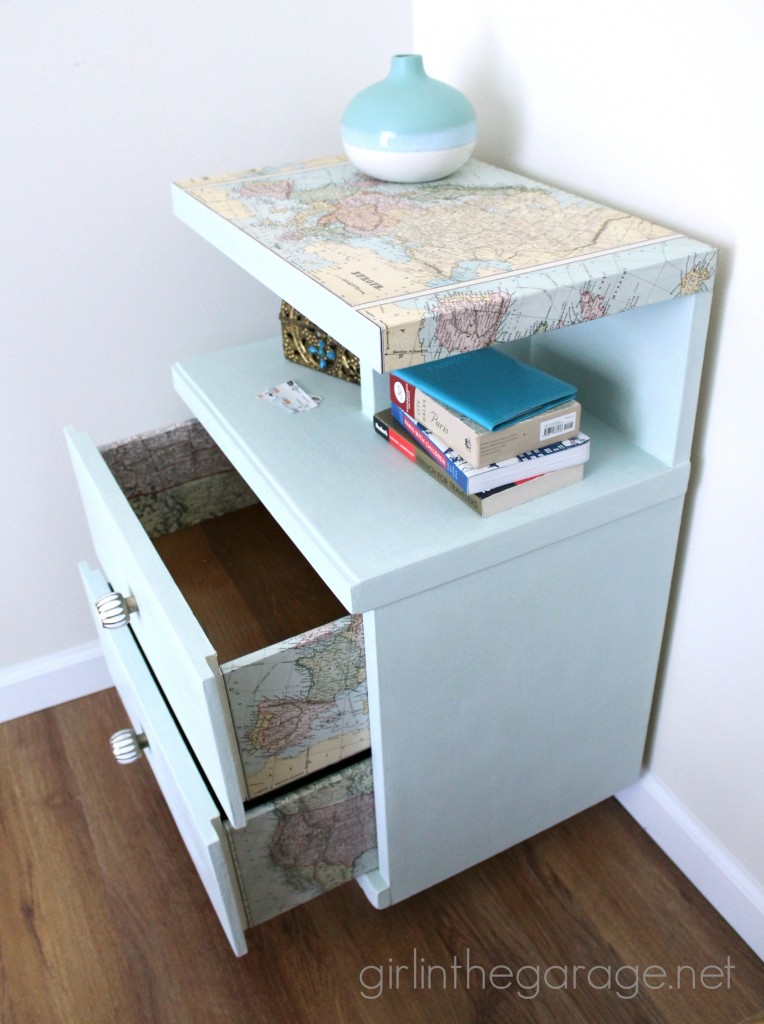 Decoupaged Map Table: Chalk Paint, Mod Podge, and maps.  "Travel" themed furniture makeover day - girlinthegarage.net