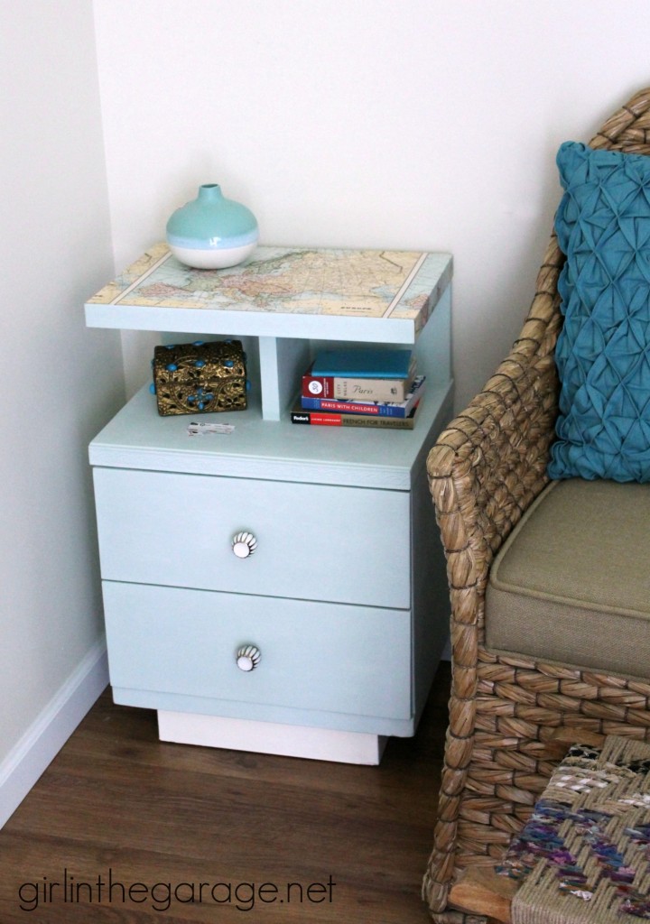 Decoupaged Map Table: Chalk Paint, Mod Podge, and maps.  "Travel" themed furniture makeover day - girlinthegarage.net