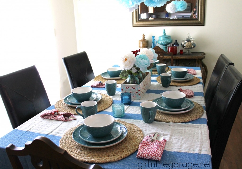 Inspiration for creating a beachy/bohemian tablescape for summer parties, an upcycled flower box centerpiece, and a dinnerware giveaway! girlinthegarage.net Inspiration for creating a beachy/bohemian tablescape for summer parties, an upcycled flower box centerpiece, and a dinnerware giveaway! girlinthegarage.net