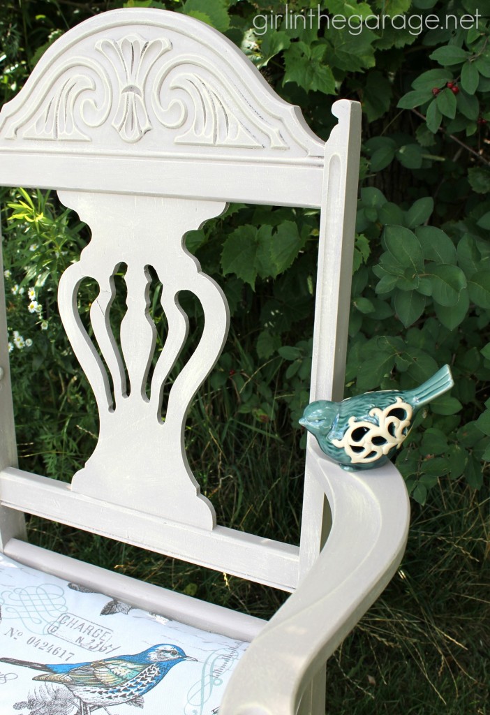 A vintage chair makeover: boring brown to beachy birds. Themed Furniture Makeover Day- see 9 "numbers" themed furniture makeovers.  girlinthegarage.net