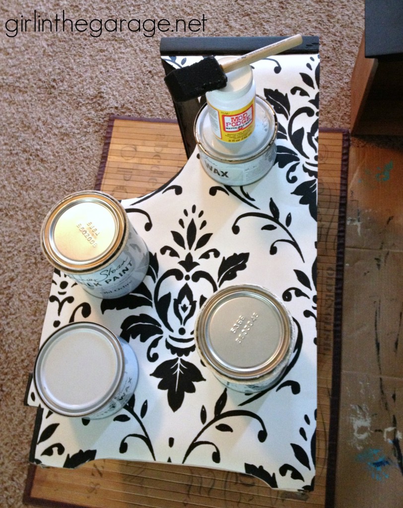 Beautiful decoupage table makeover with wallpaper and Chalk Paint.  girlinthegarage.net