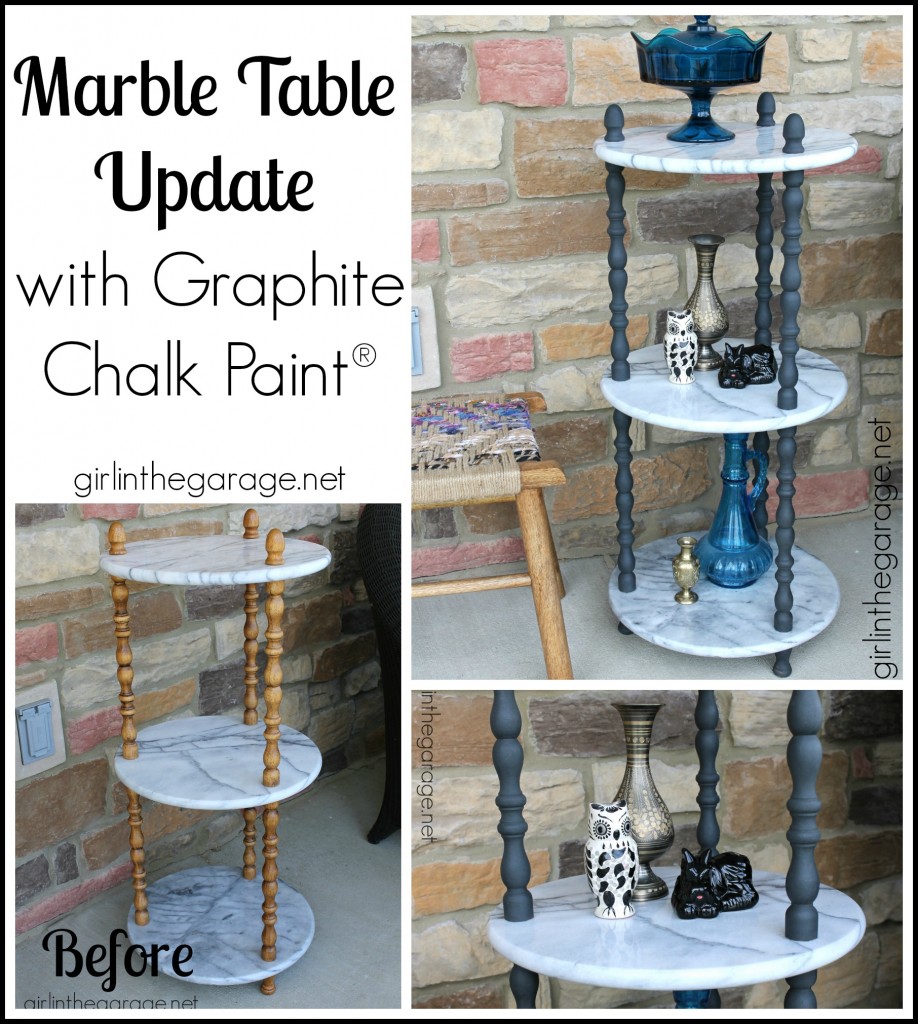 A marble table is updated with Graphite Chalk Paint on wooden spindles.  girlinthegarage.net