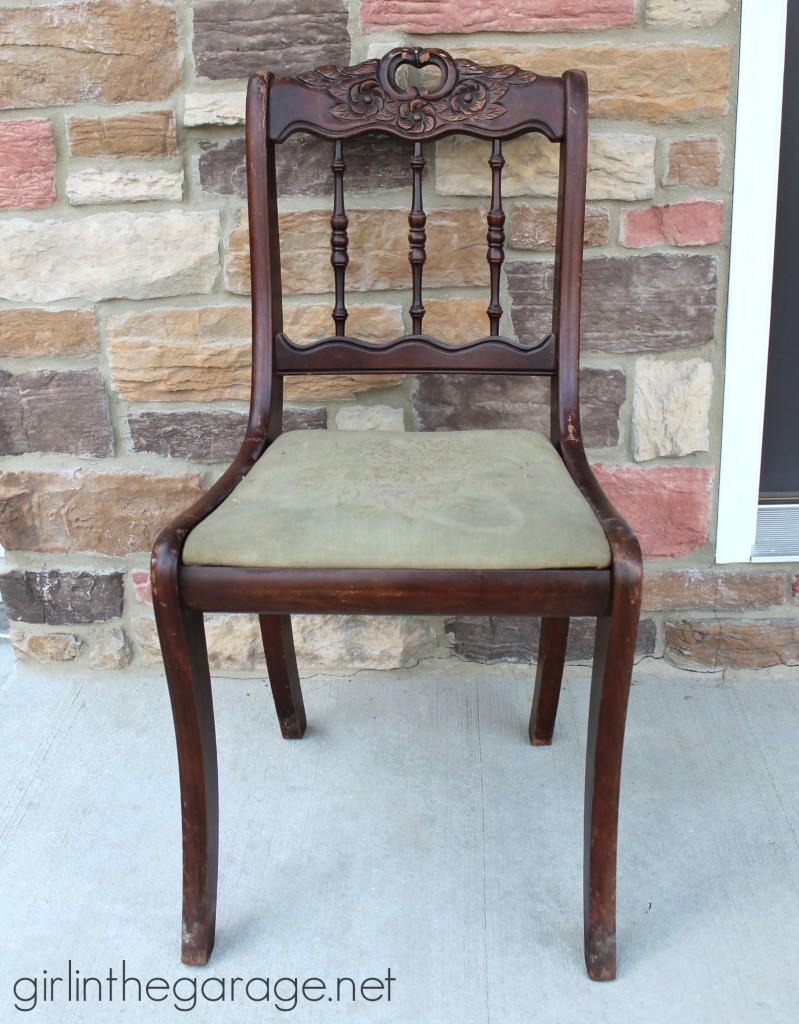 BEFORE:  See how an old chair got a shabby chic makeover with Chalk Paint and vintage-inspired fabric.  girlinthegarage.net