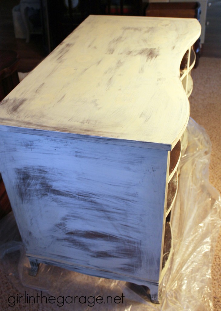 Themed Furniture Makeover Day {decoupage}. See how I transformed a vintage desk with Chalk Paint, pretty paper, and Mod Podge! girlinthegarage.net