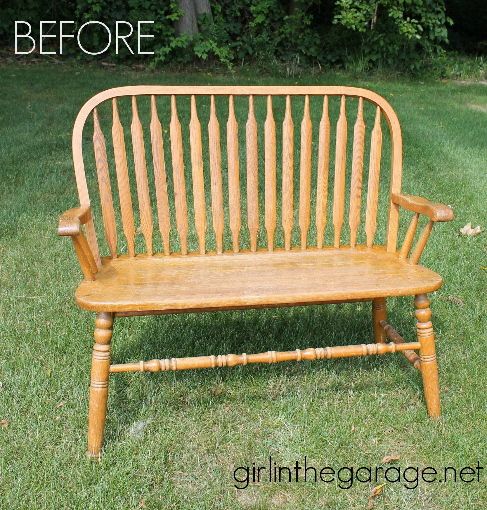 Before: Weathered wood bench makeover with Annie Sloan Chalk Paint in Old Ochre - by Girl in the Garage