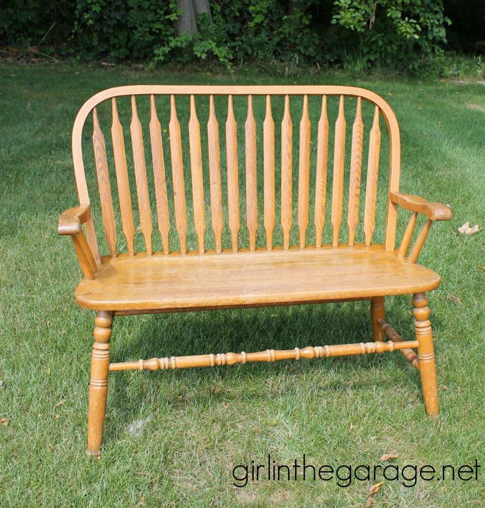 Before: Weathered wood bench makeover with Annie Sloan Chalk Paint in Old Ochre.  girlinthegarage.net