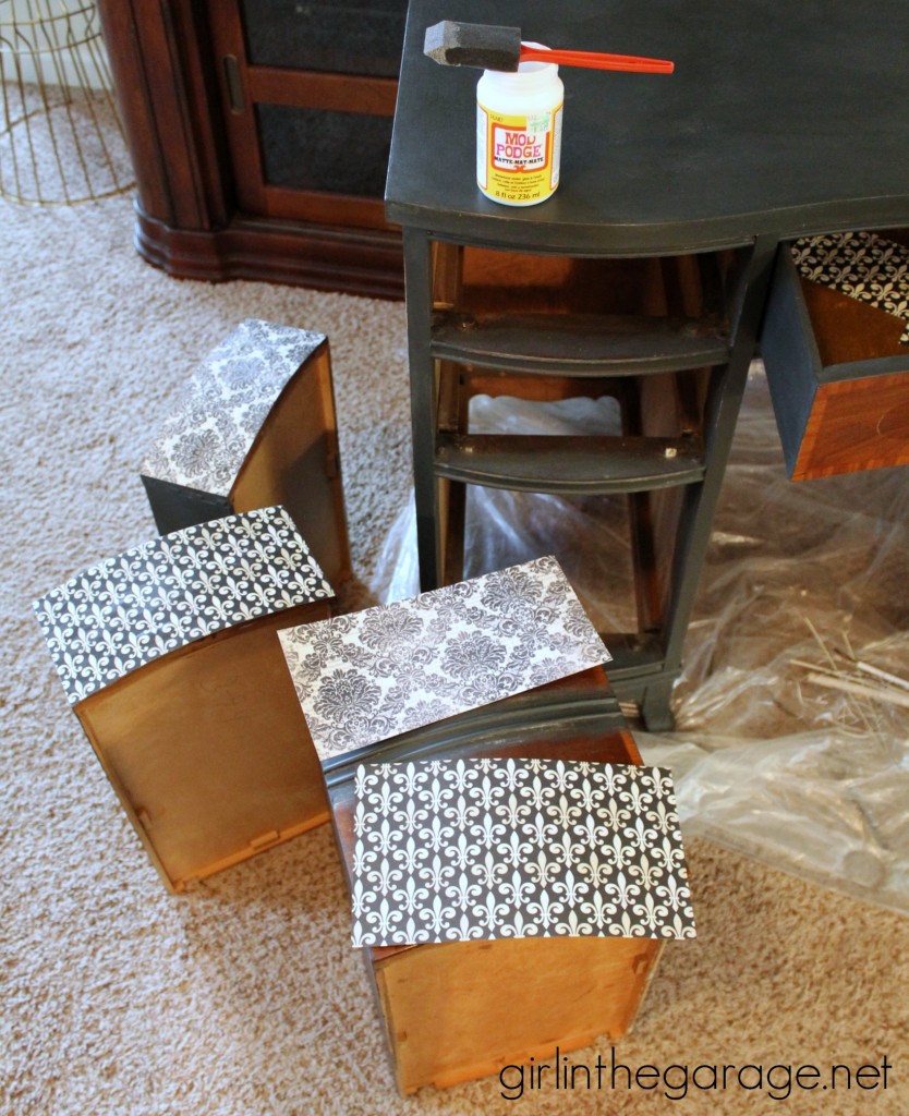 Themed Furniture Makeover Day {decoupage}. See how I transformed a vintage desk with Chalk Paint, pretty paper, and Mod Podge! girlinthegarage.net