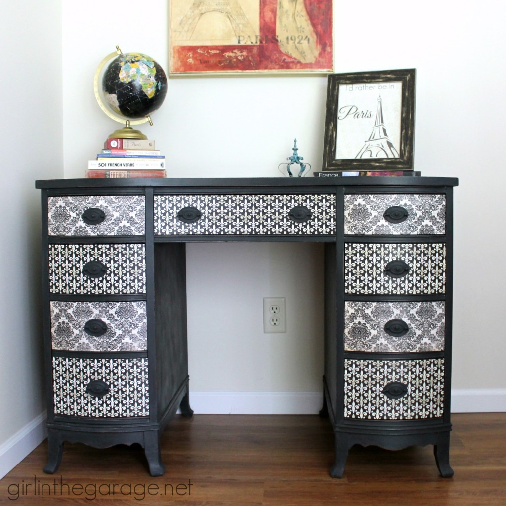 How to decoupage a desk with chic French paper - step by step tutorial by Girl in the Garage