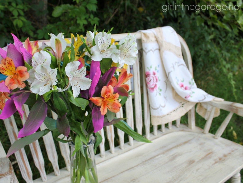 Weathered wood bench makeover with Annie Sloan Chalk Paint in Old Ochre.  girlinthegarage.net