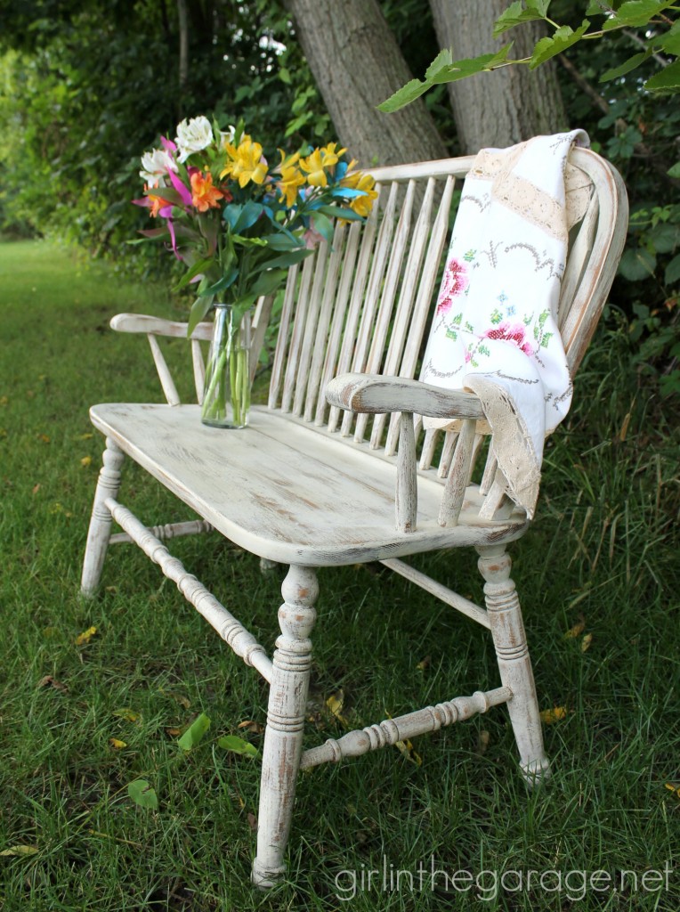 Weathered wood bench makeover with Annie Sloan Chalk Paint in Old Ochre.  girlinthegarage.net