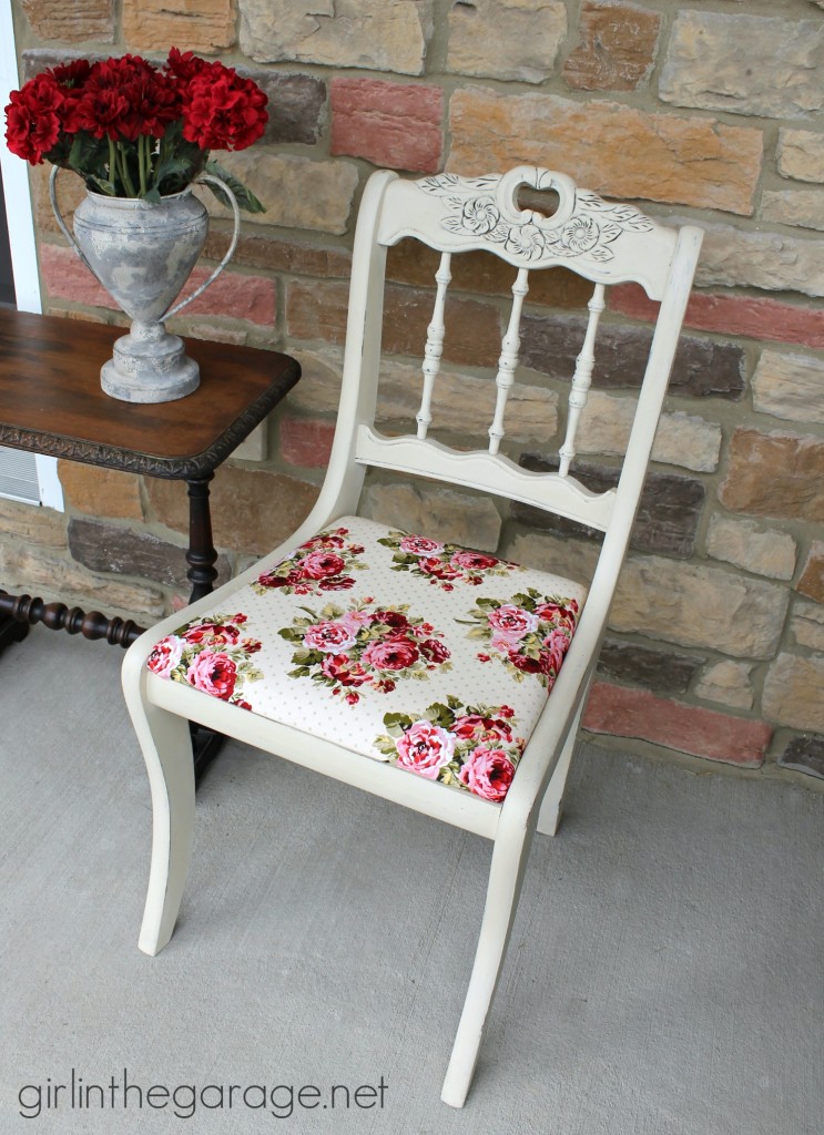 See how an old chair got a shabby chic makeover with Chalk Paint and vintage-inspired fabric.  girlinthegarage.net