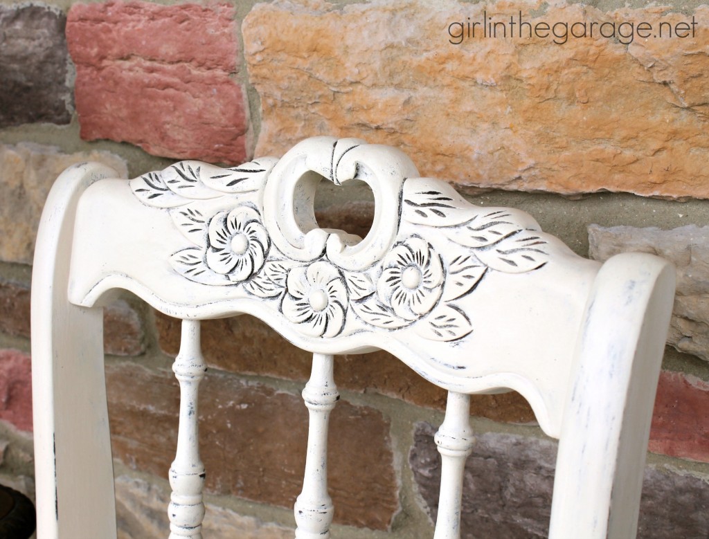 See how an old chair got a shabby chic makeover with Chalk Paint and vintage-inspired fabric. girlinthegarage.net