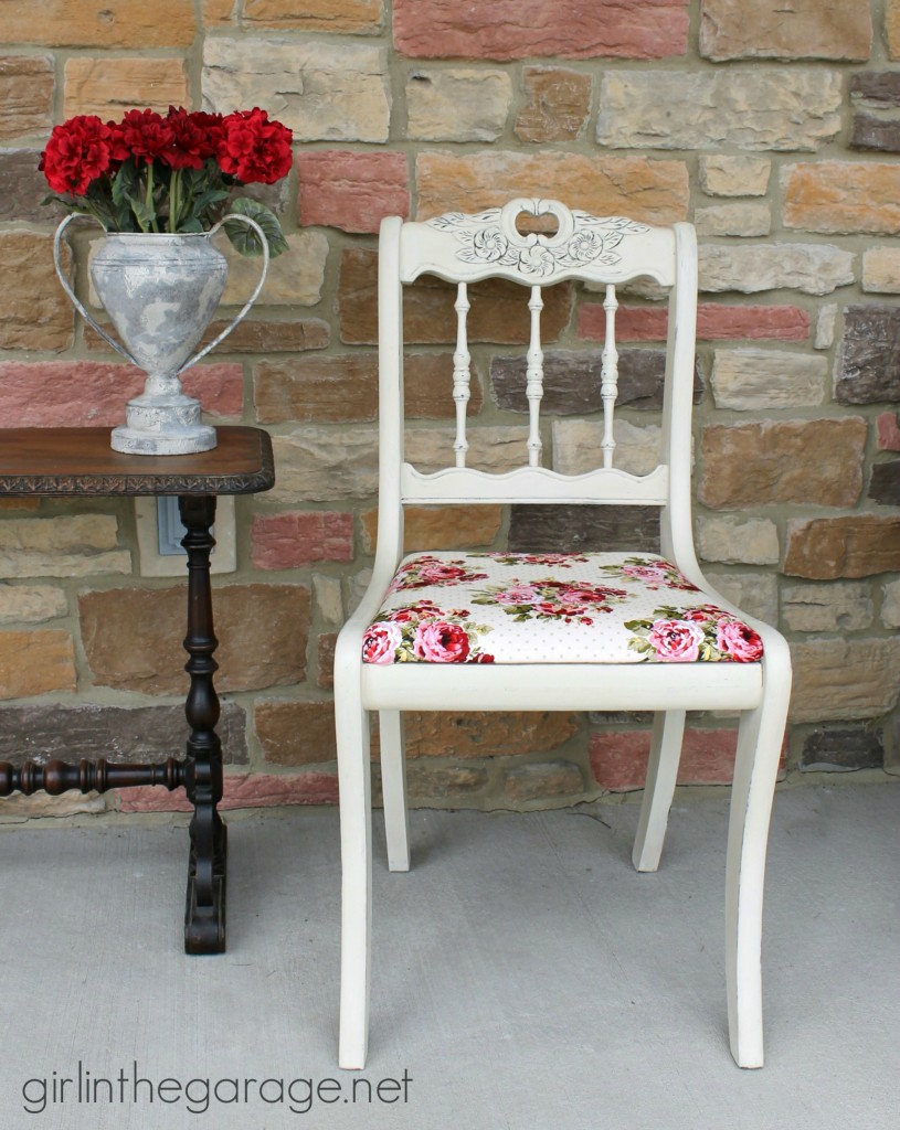 See how an old chair got a shabby chic makeover with Chalk Paint and vintage-inspired fabric.  girlinthegarage.net