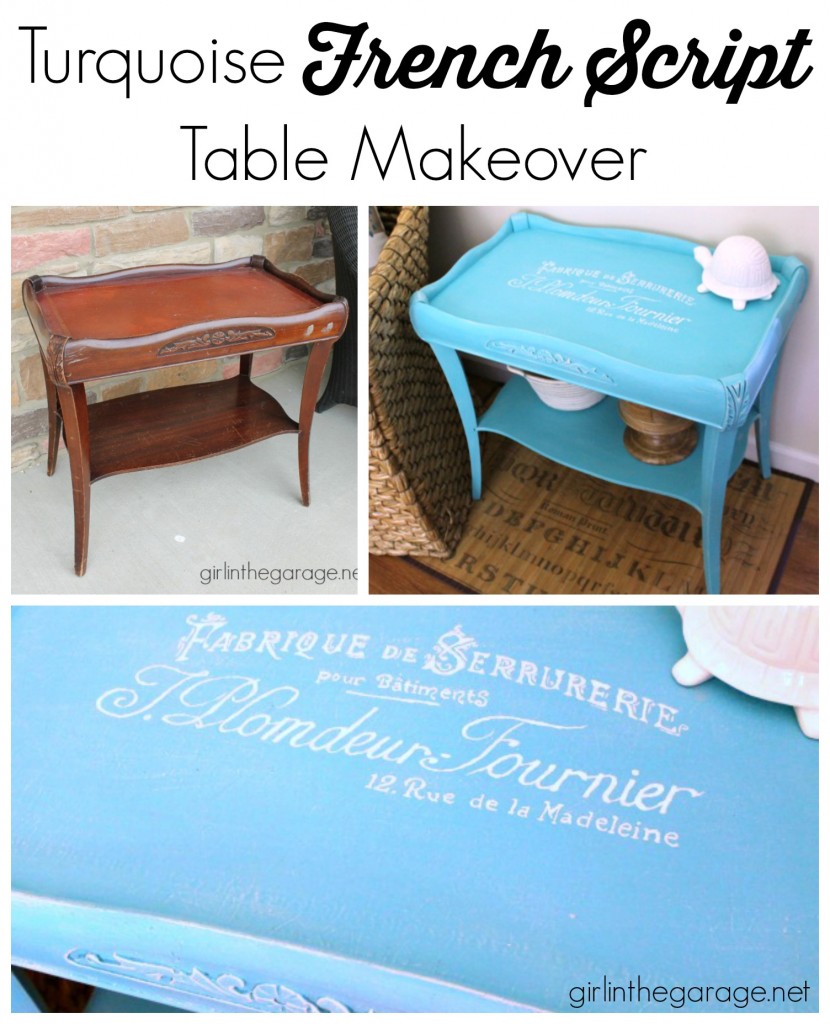 Turquoise French Script Table Makeover - girlinthegarage.net