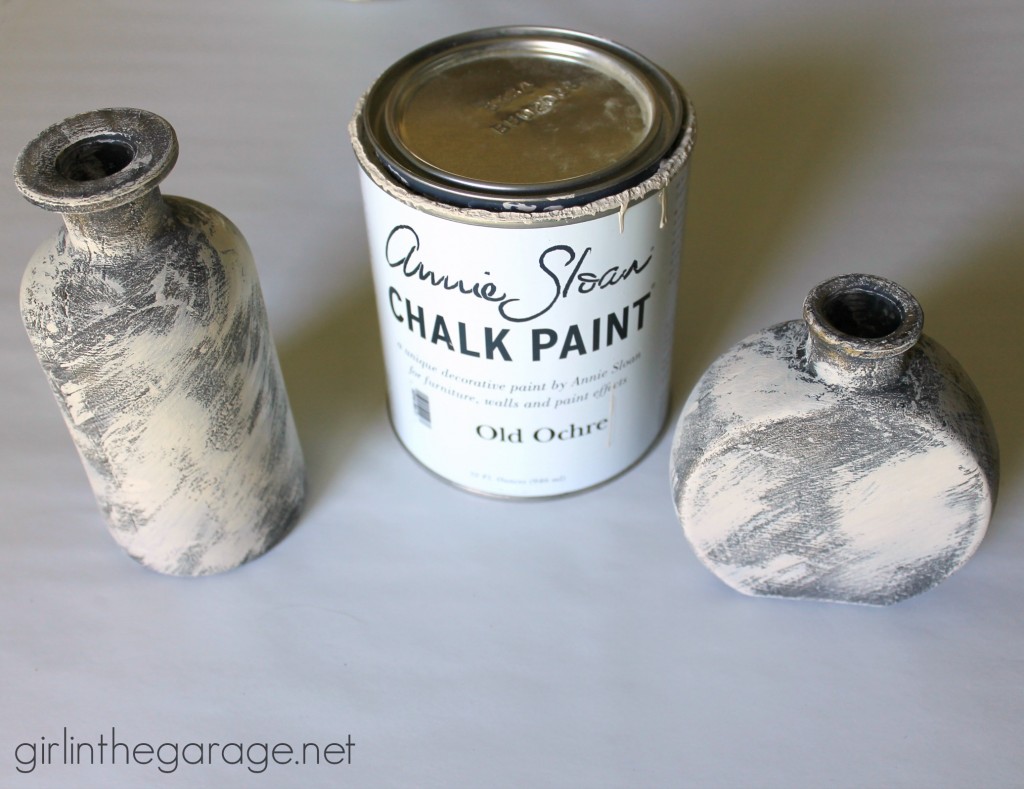 How to make embellished glass bottles with vintage French flair - Annie Sloan Chalk Paint in Old Ochre - Girl in the Garage