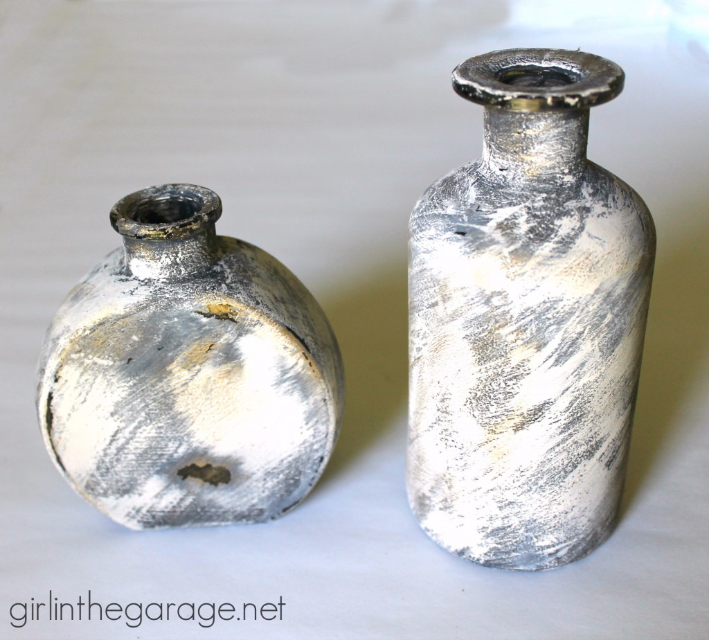 How to make embellished glass bottles with vintage French flair - Chalk Paint and gilding paste - Girl in the Garage