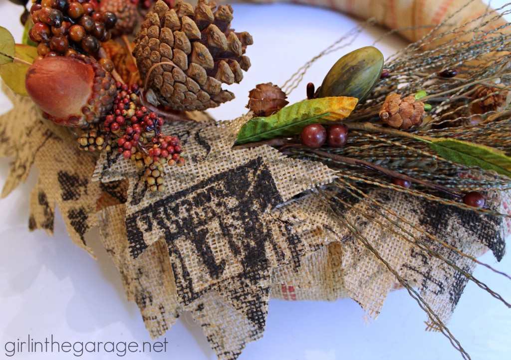 How to make a DIY fall wreath with burlap and nature-inspired sprigs.  girlinthegarage.net