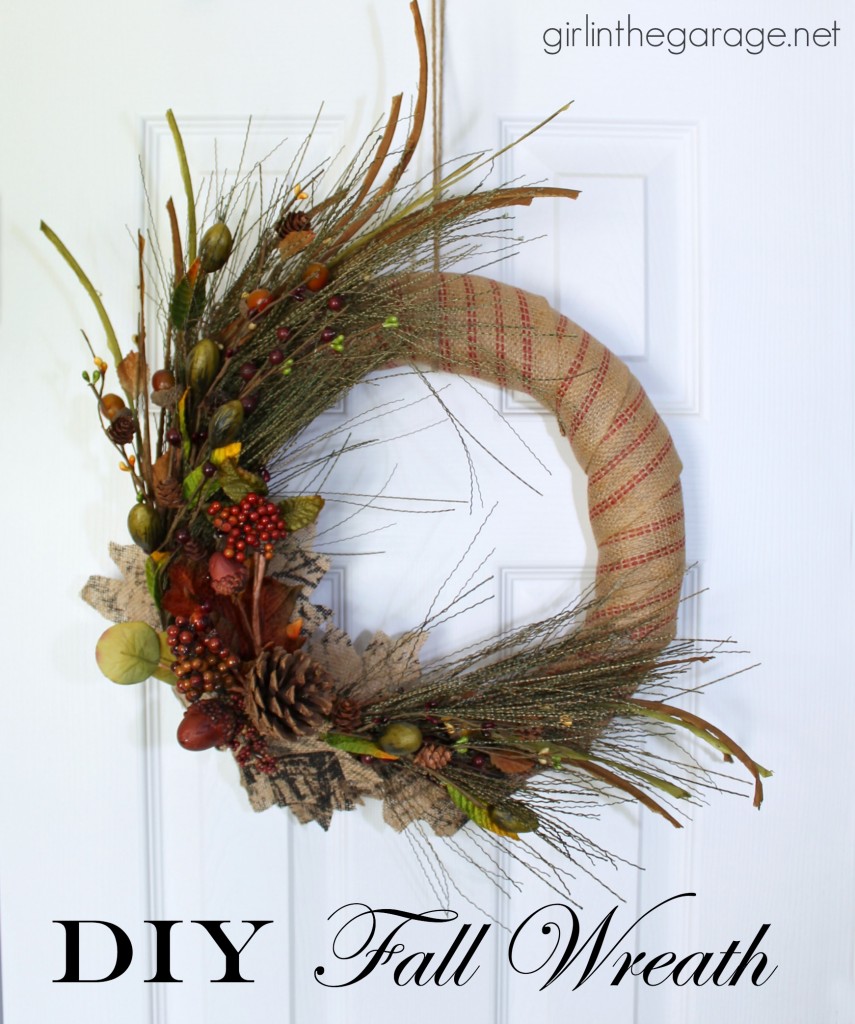 How to make a DIY fall wreath with burlap and nature-inspired sprigs.  girlinthegarage.net