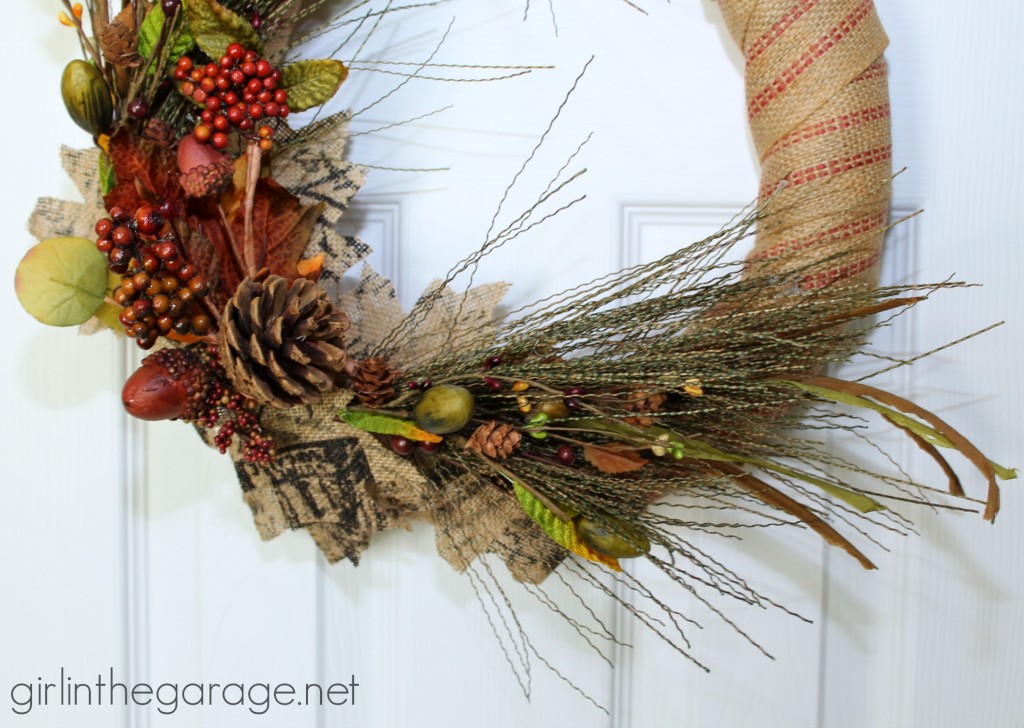 How to make a DIY fall wreath with burlap and nature-inspired sprigs.  girlinthegarage.net