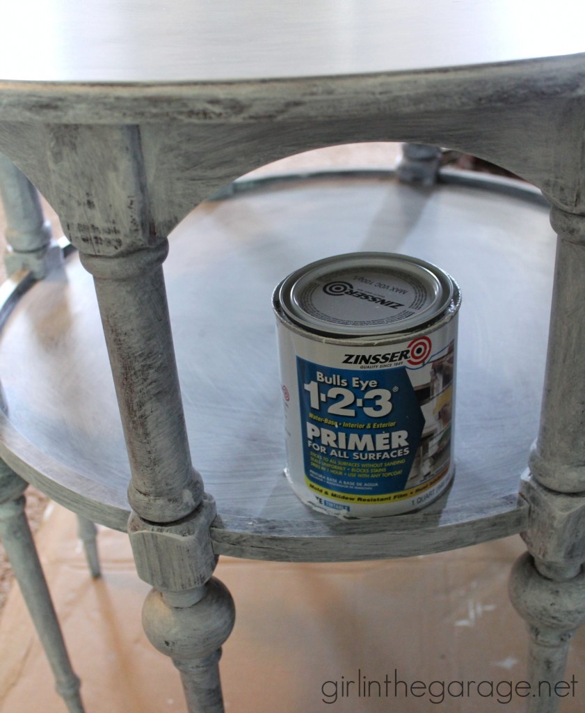 A stunning stenciled table makeover in metallic gold and white for Themed Furniture Makeover Day.   girlinthegarage.net