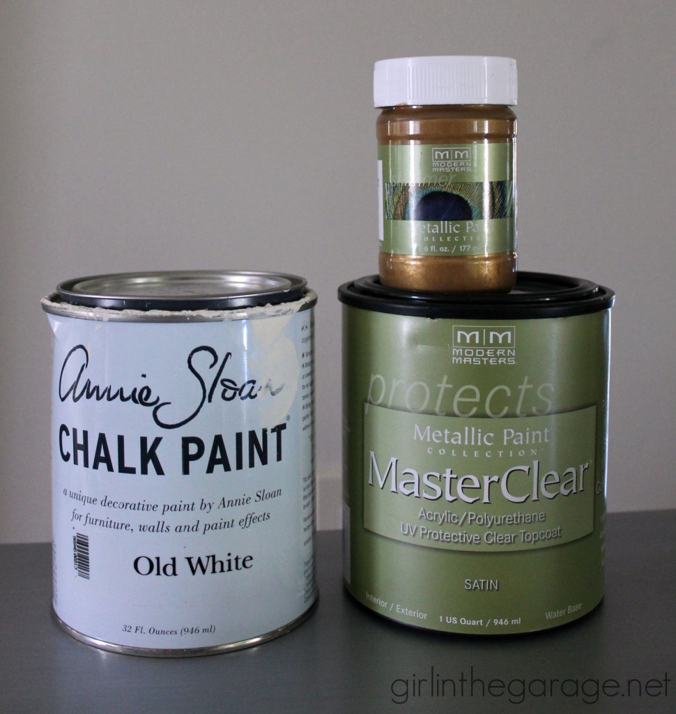 A stunning stenciled table makeover in metallic gold and white for Themed Furniture Makeover Day.   girlinthegarage.net