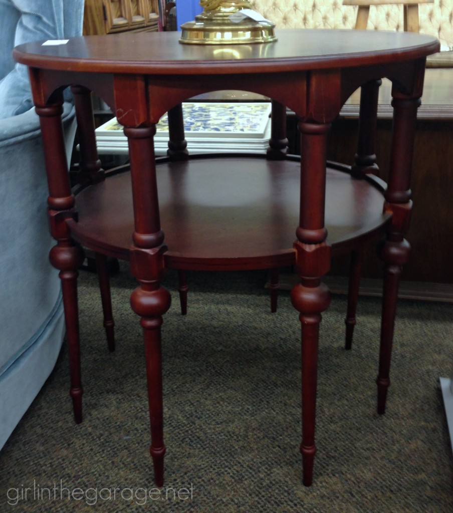 BEFORE:  A stunning stenciled table makeover in metallic gold and white for Themed Furniture Makeover Day.   girlinthegarage.net