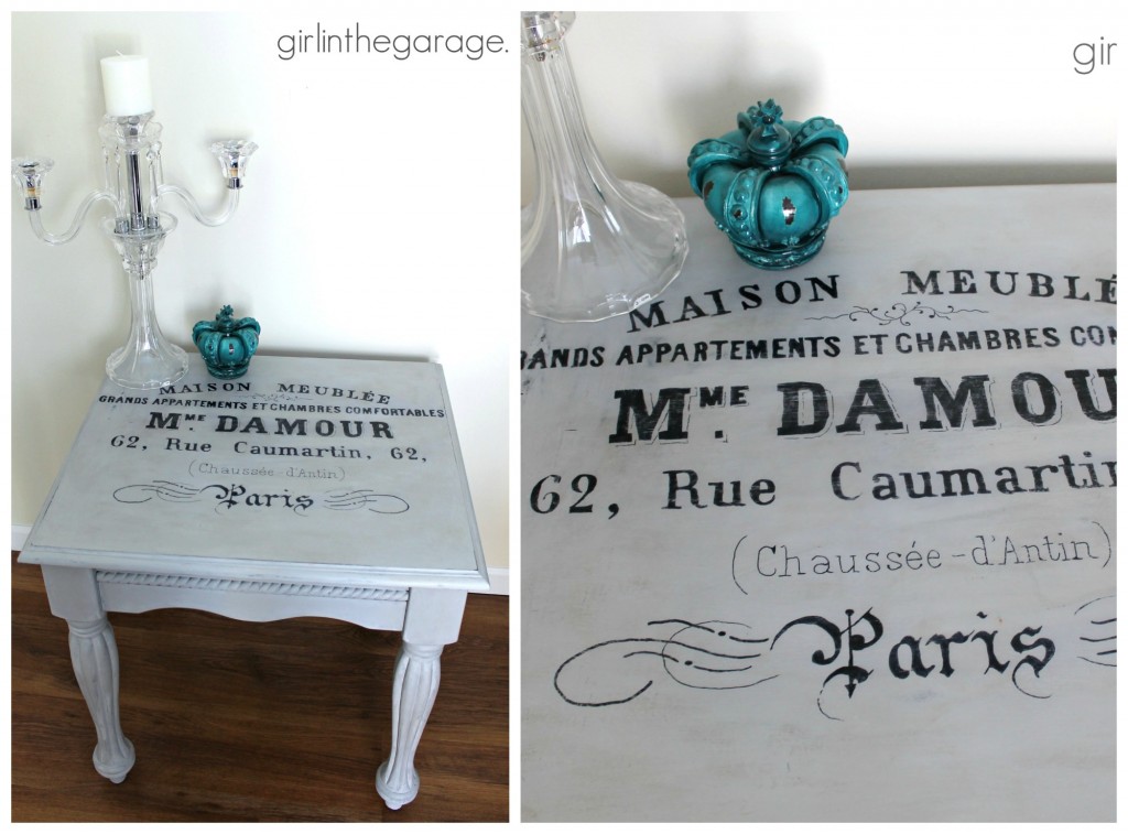 Inspiration for small table makeovers using paint, stencils, image transfer, decoupage, and more.  girlinthegarage.net