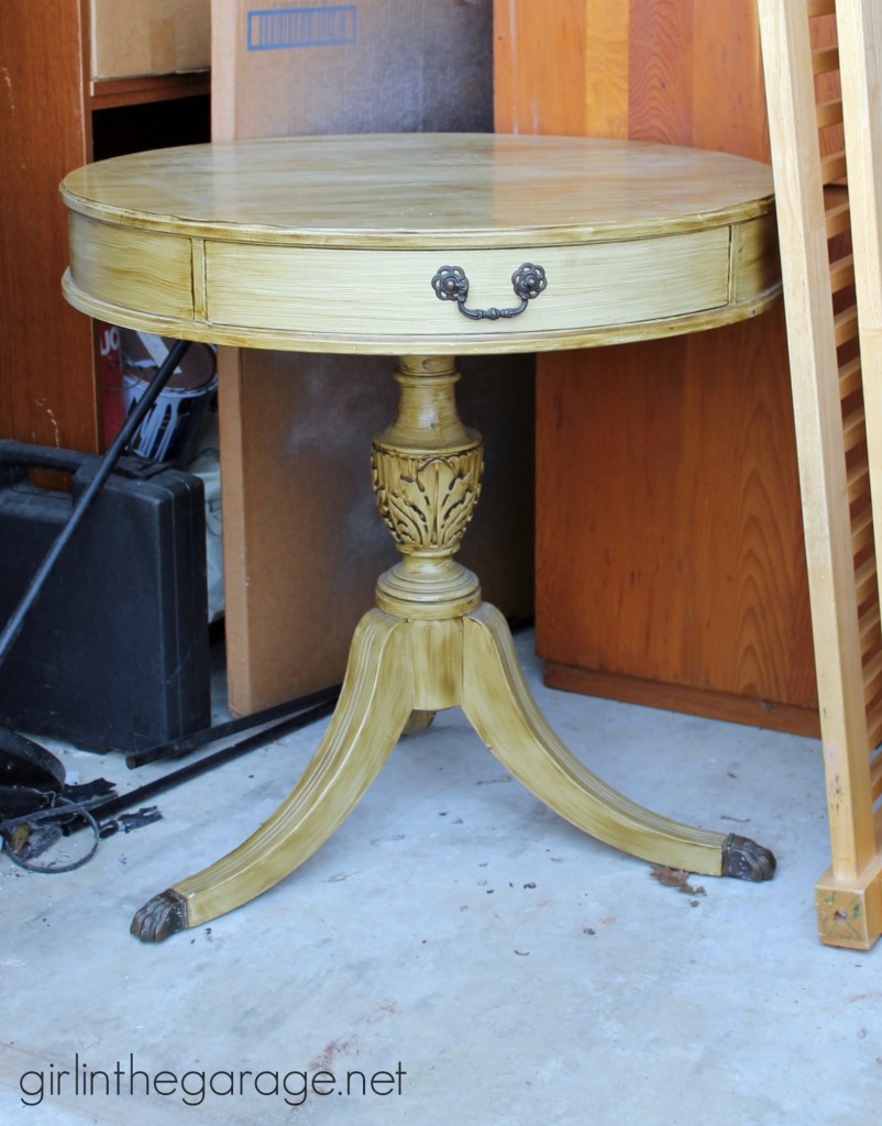 BEFORE:  How to update an old table with a fabulous stencil and layered paint technique.  girlinthegarage.net