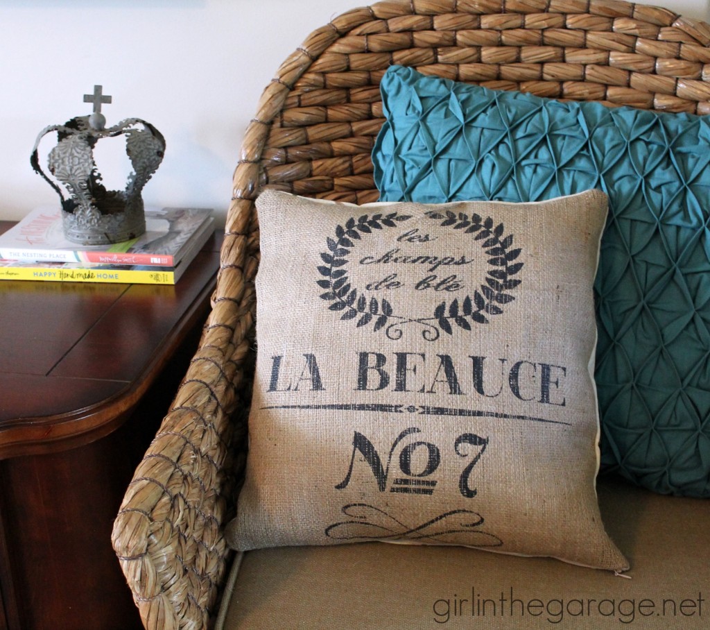 french burlap sack pillow by girl in the garage