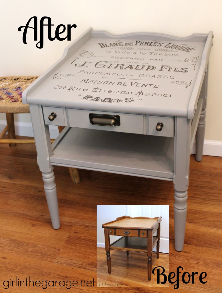 Vintage table makeover with French perfume graphic {Themed Furniture Makeover Day}. Also see 15 more "Words and Letters" themed furniture makeovers! girlinthegarage.net Vintage table makeover with French perfume graphic {Themed Furniture Makeover Day}. Also see 15 more "Words and Letters" themed furniture makeovers! girlinthegarage.net