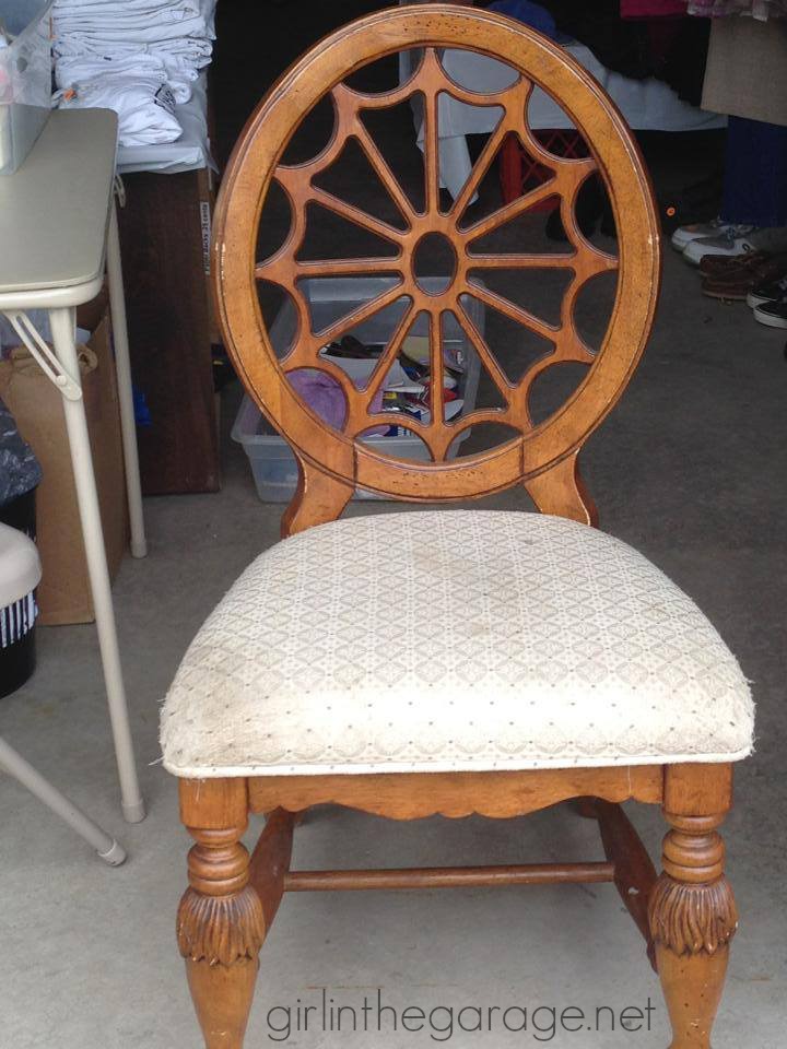 Classy chair makeover with Graphite Chalk Paint, drop cloth seat, and a petite French stencil. Painted chair tutorial by Girl in the Garage