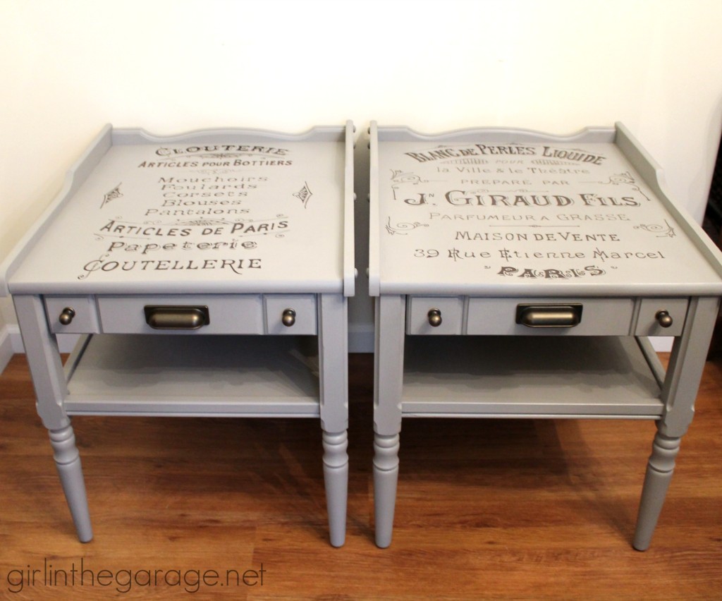 Inspiration for small table makeovers using paint, stencils, image transfer, decoupage, and more.  girlinthegarage.net