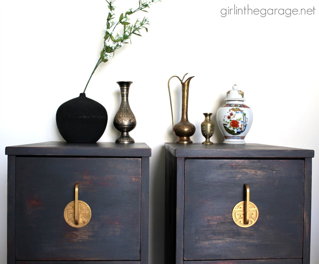 Antique Oriental nightstands get a makeover with Chalk Paint and metallic gold paint. Themed Furniture Makeover Day (Red). girlinthegarage.net Antique Oriental nightstands get a makeover with Chalk Paint and metallic gold paint. Themed Furniture Makeover Day (Red). girlinthegarage.net