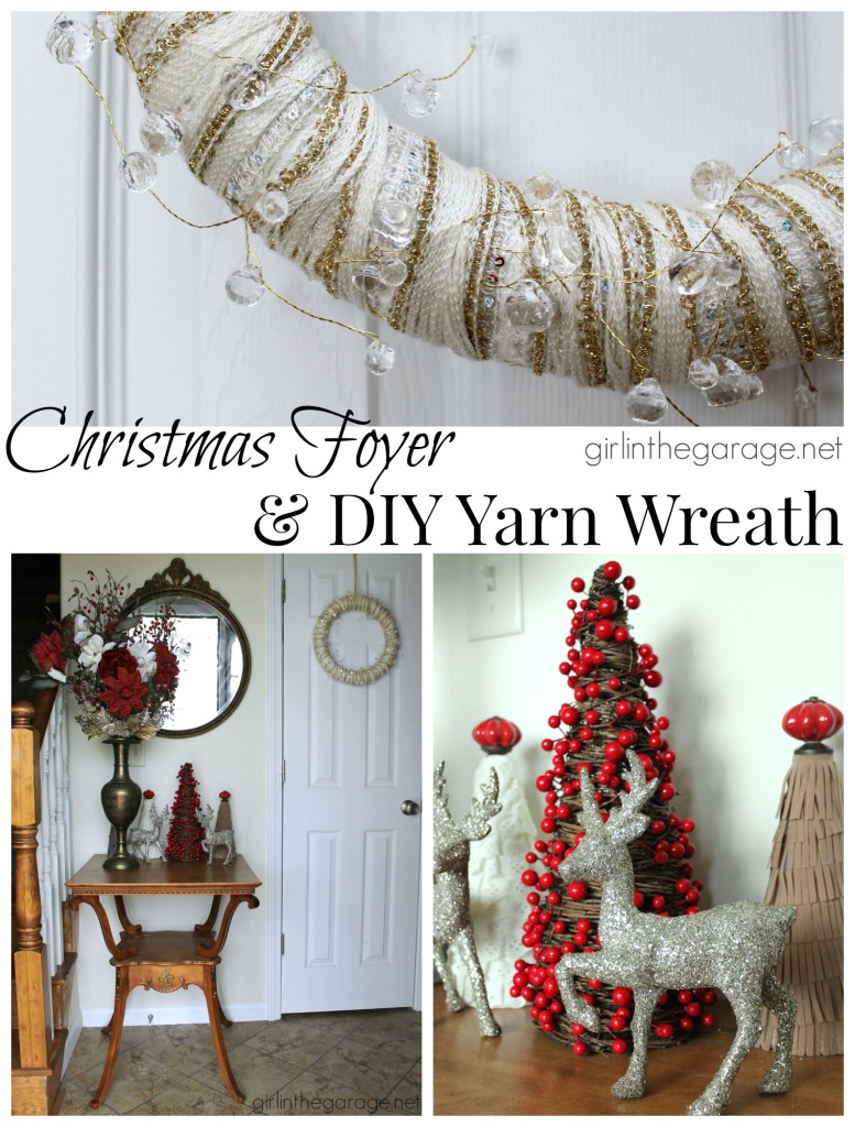 Easy DIY yarn wreath and foyer decorated for Christmas.  girlinthegarage.net