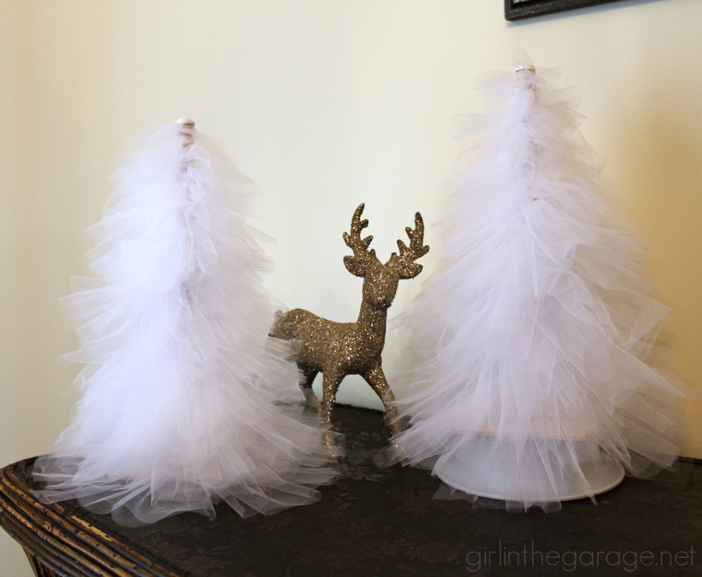 How to make beautiful DIY tulle trees for Christmas or winter decor. girlinthegarage.net