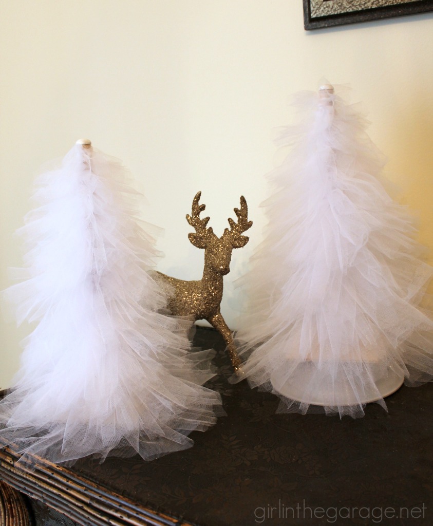 How to make beautiful DIY tulle trees for Christmas or winter decor. girlinthegarage.net